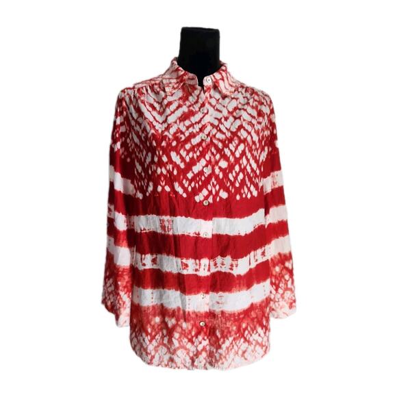 Beaches & boho Cotton Tie Dye Button Front High Low Beach Cover Up Blouse Size L - Picture 2 of 7